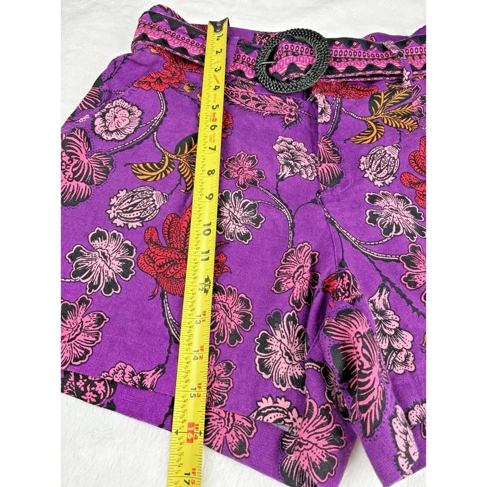 Nicole Miller New York Linen Shorts Womens 6 Purple Floral Print Belted Boho